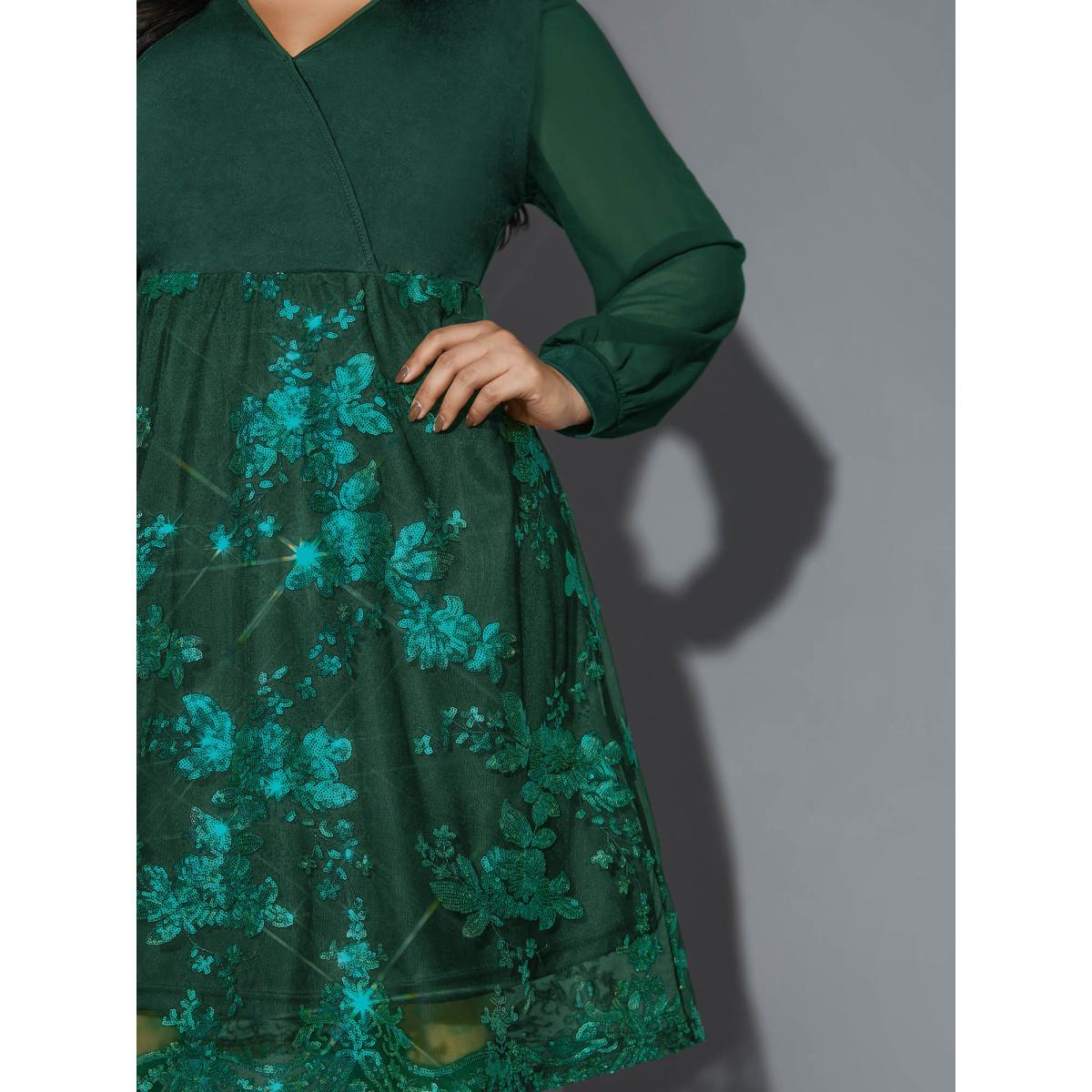 Plus Size Sequin Overlap Collar Sheer Sleeve Lined Dress DarkGreen Women Party&Cocktail Texture Party Curvy Bloomchic 26/4X Product Image