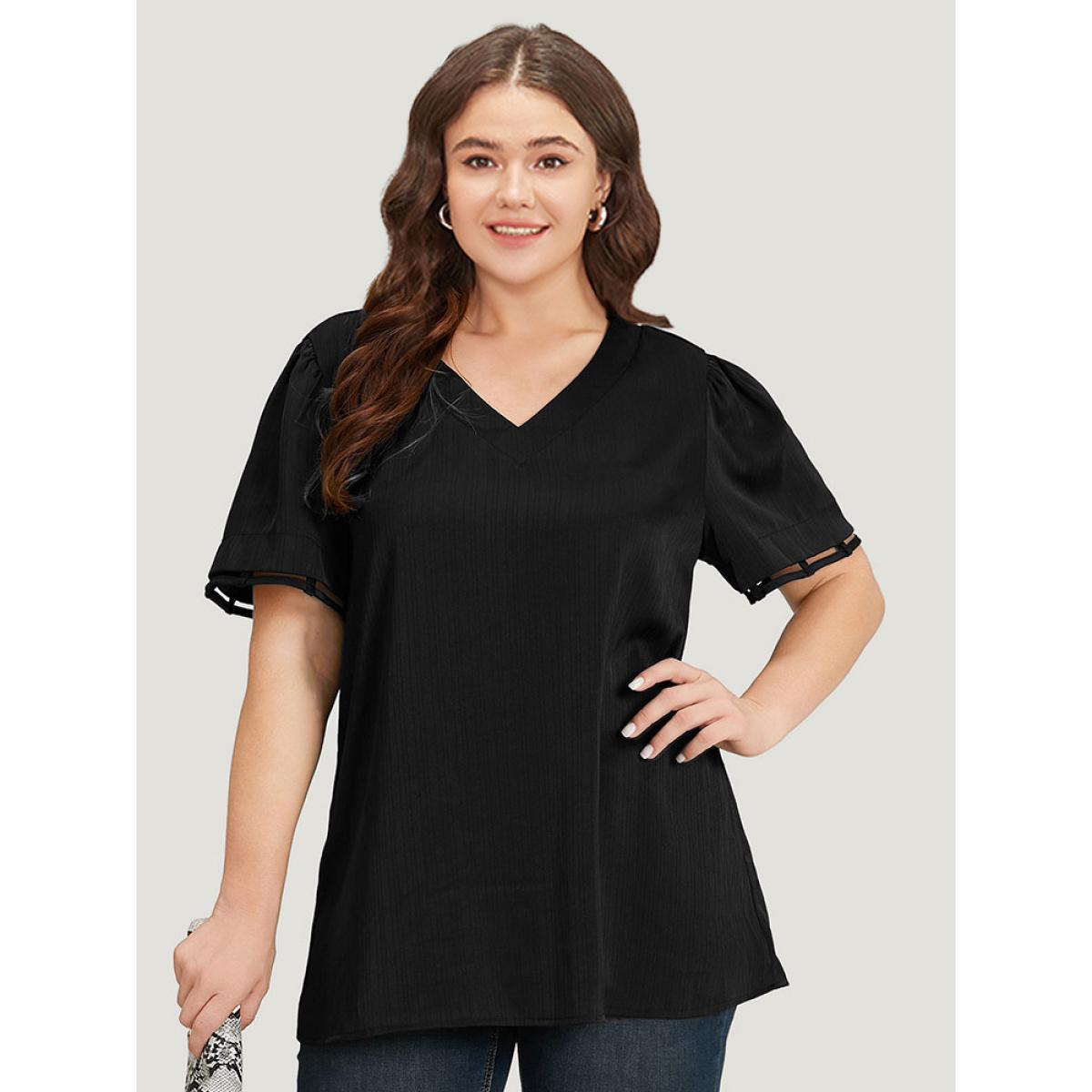 Plus Size Purple Plain Cut Out V Neck Blouse Women Office Short sleeve V-neck Work Blouses BloomChic 30/6X Product Image