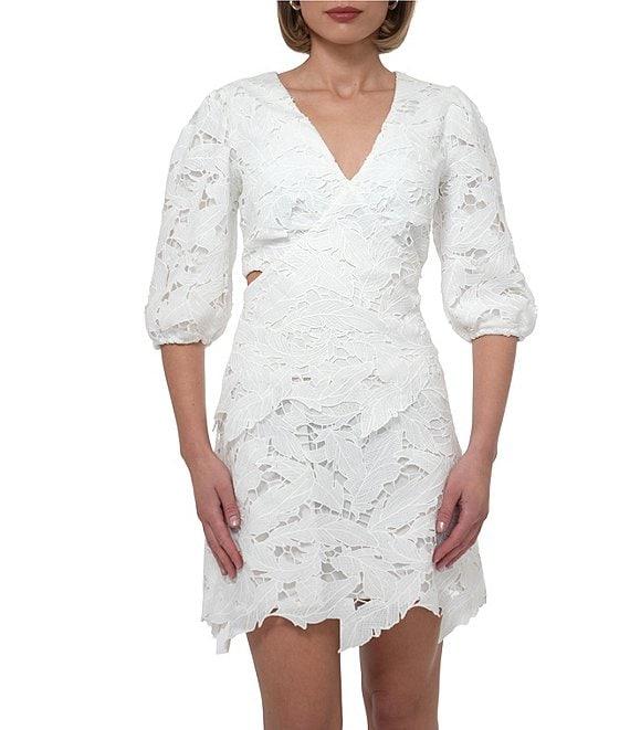 Adelyn Rae Lace V-Neck Short Sleeve Side Cutout Sheath Mini Dress Product Image