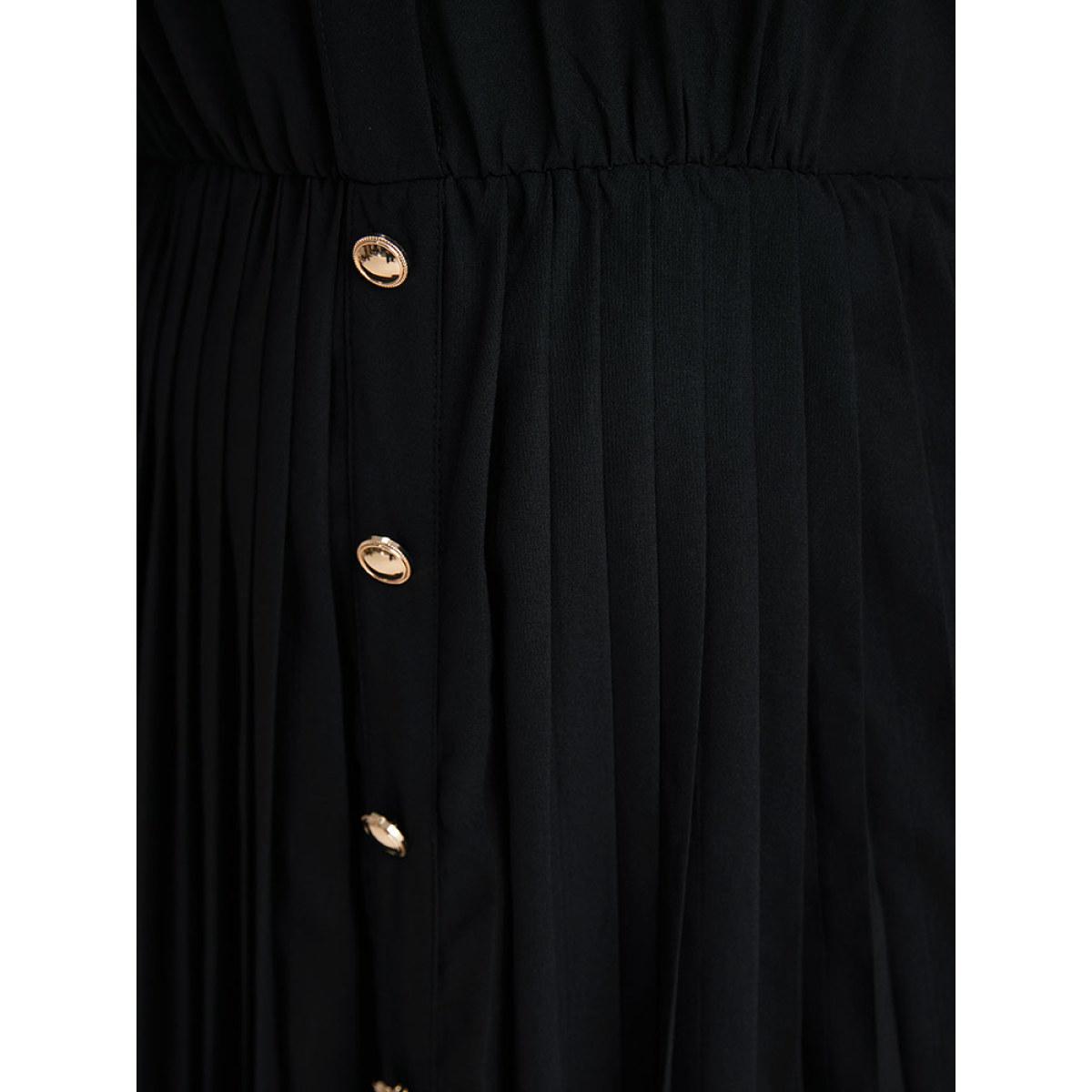 Plus Size Solid Shirt Collar Pleated Metal Detail Dress Black Women Office Plain Shirt collar Long Sleeve Curvy Midi Dress BloomChic 14-16/1X Product Image