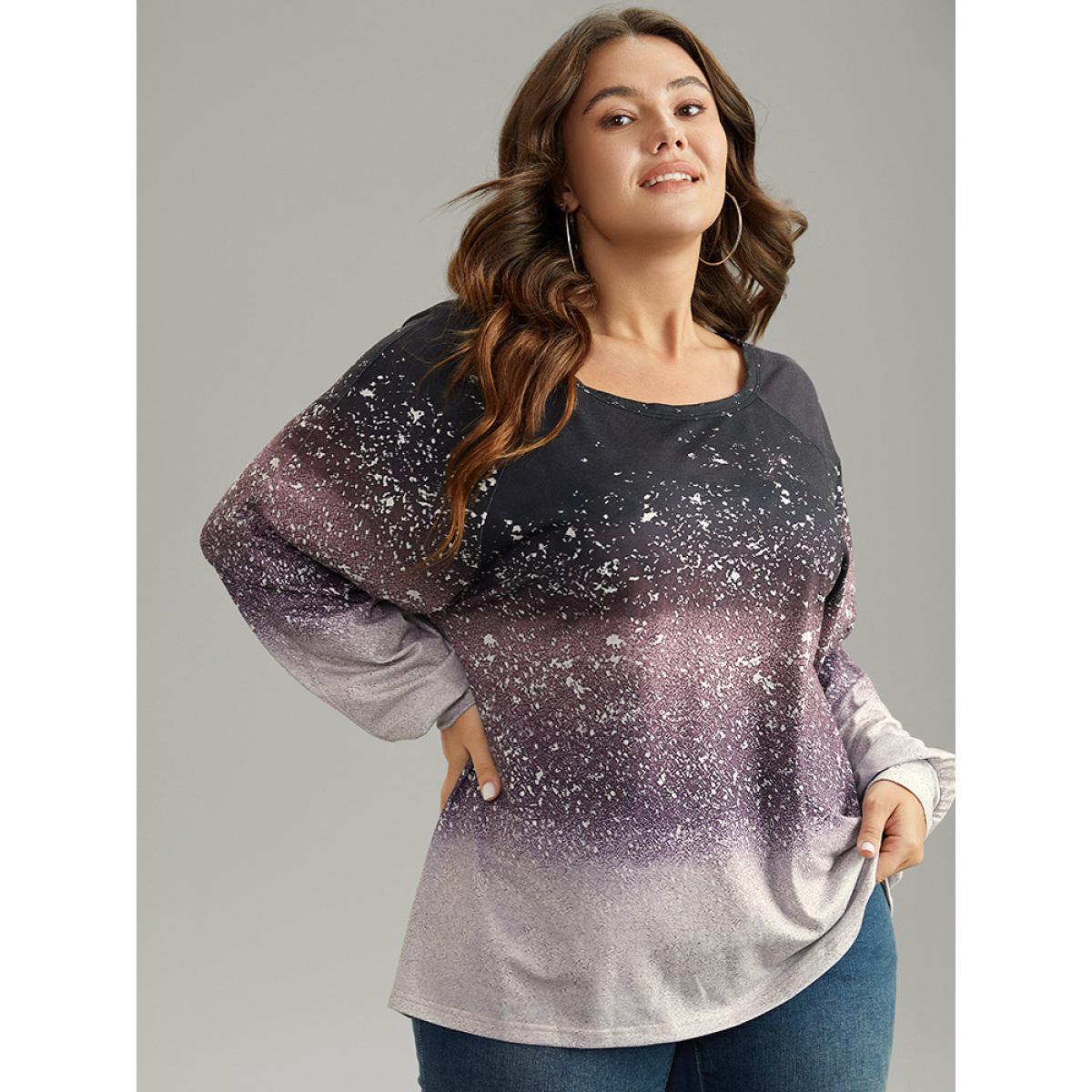 Plus Size Ombre Raglan Sleeve Contrast T-shirt Multicolor Women Casual Elastic cuffs Colorblock Round Neck Everyday T-shirts BloomChic 22-24/3X Product Image