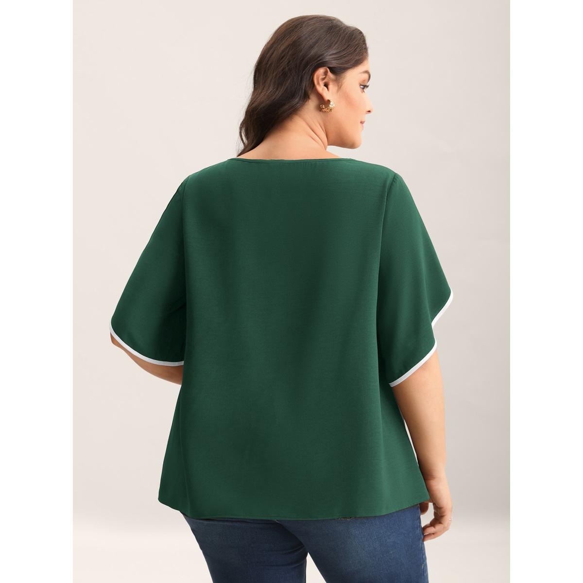 Plus Size DarkGreen Color Contrast Petal Sleeve Shirt Women Office Half Sleeve Round Neck Office Blouses BloomChic 14-16/1X Product Image