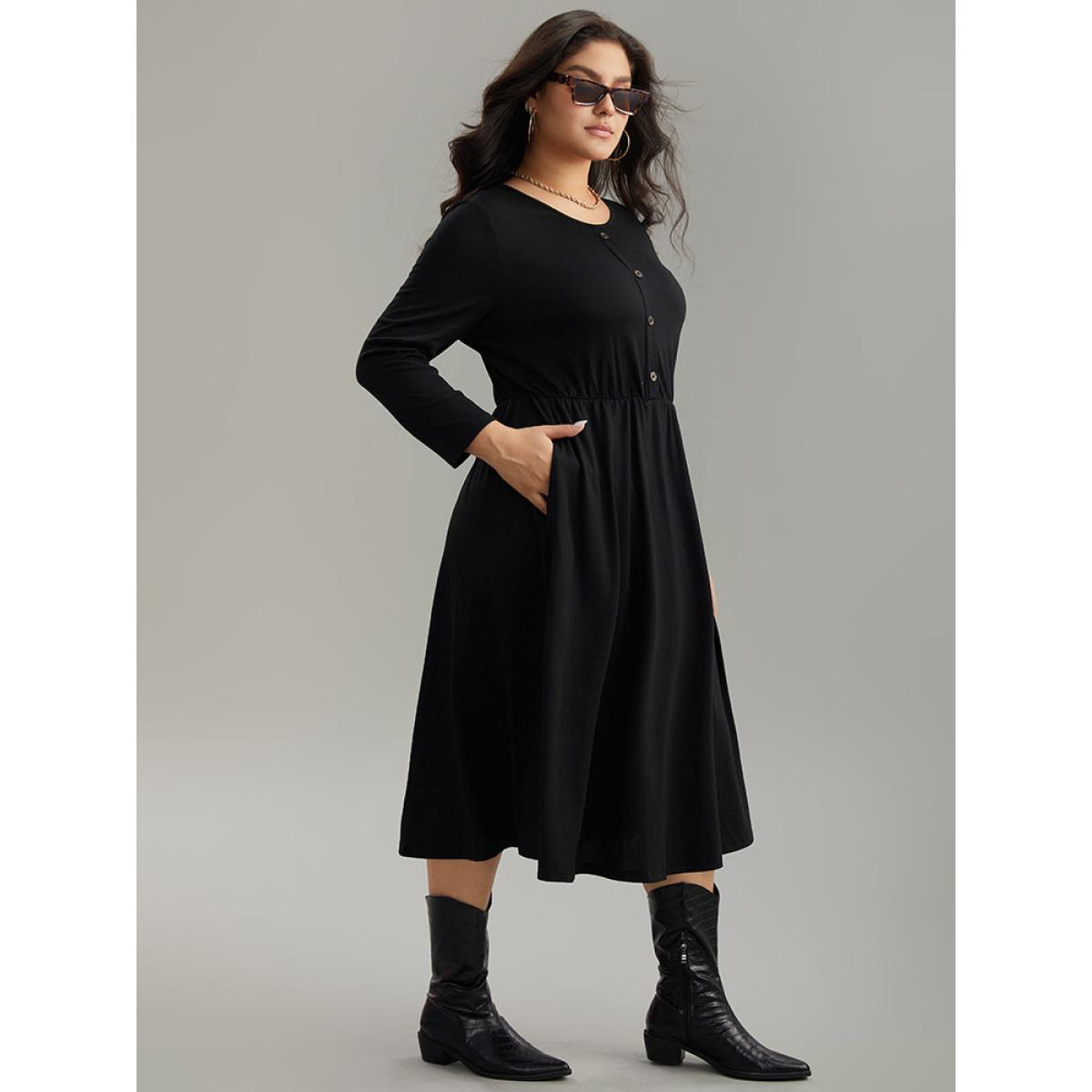 Plus Size Supersoft Essentials Solid Button Detail Dress Black Women Casual Plain Round Neck Long Sleeve Curvy Midi Dress BloomChic 14-16/1X Product Image