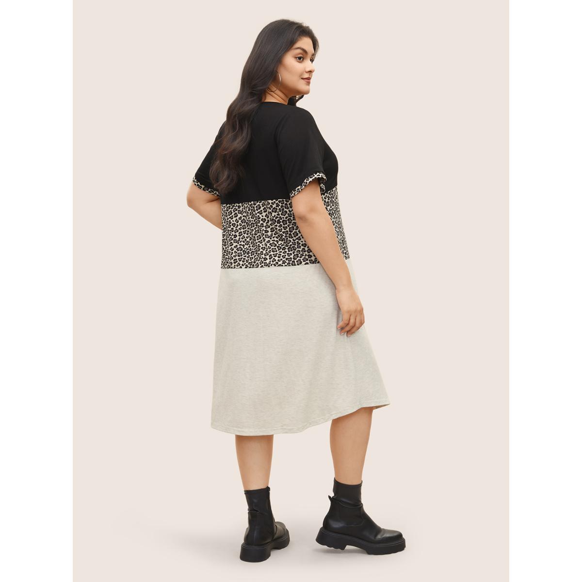 Plus Size Leopard Colorblock Contrast Patchwork Pocket Dress Black Women Casual Non V-neck Short sleeve Curvy Midi Dress BloomChic 22-24/3X Product Image