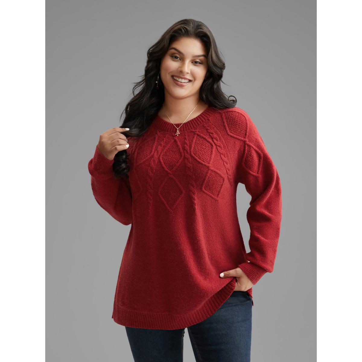 Plus Size Cable Knit Bodice Crew-Neck Pullover Brightred Women Leisure Loose Long Sleeve Round Neck Casual Pullovers BloomChic 22-24/3X Product Image