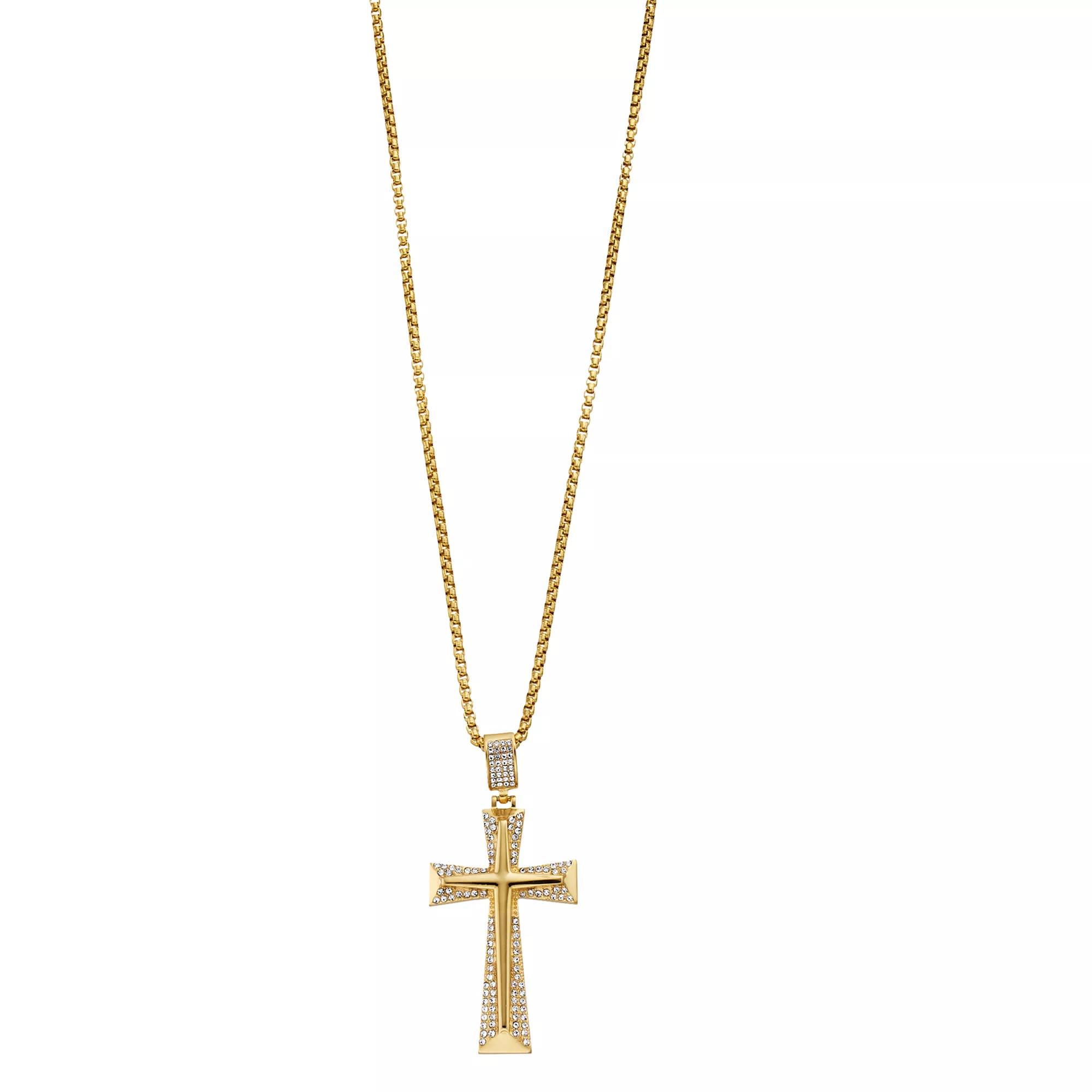 Men's Gold Tone Ion-Plated Stainless Steel Crystal Cross Pendant Necklace, Size: 24" Product Image