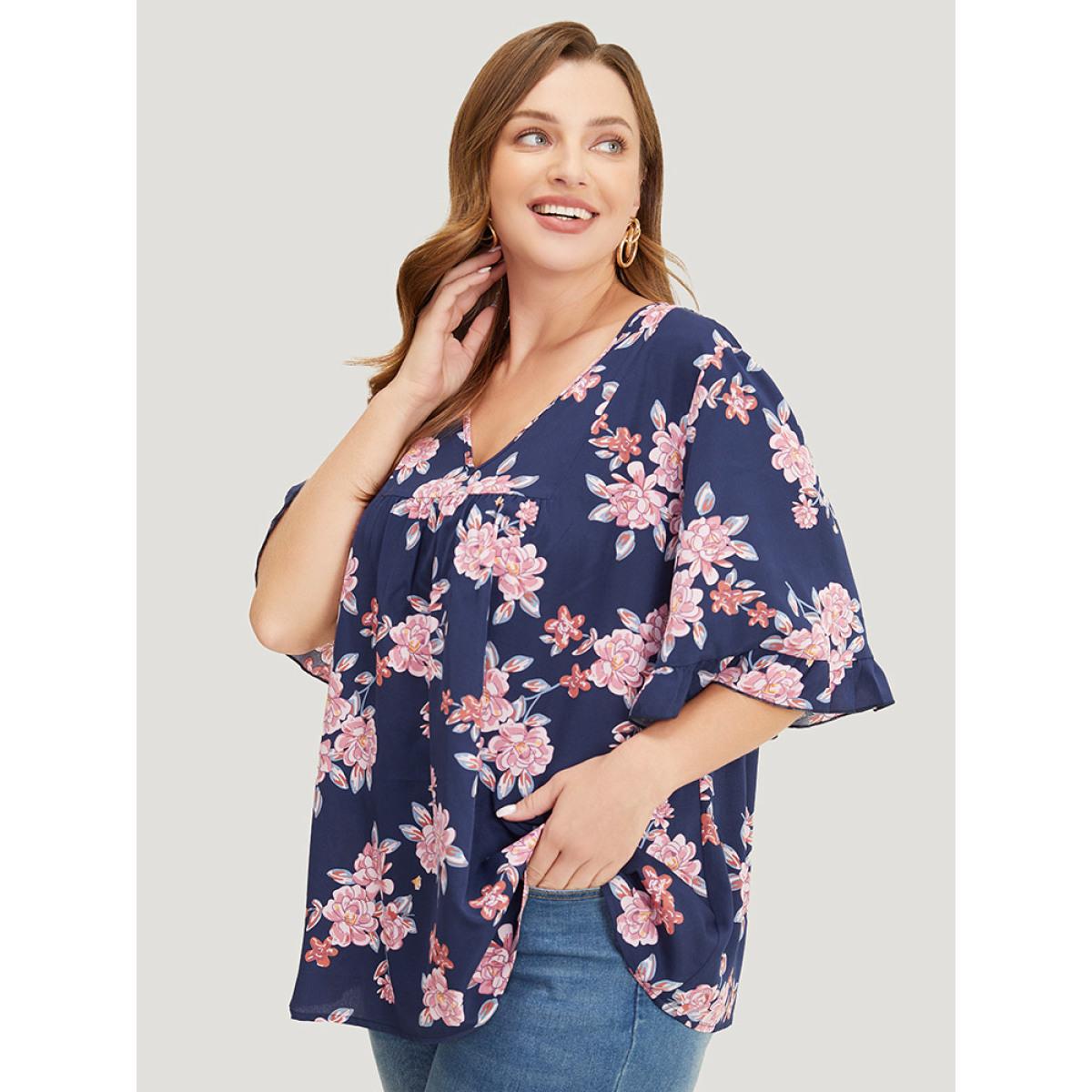 Plus Size Indigo Floral Printed Gathered Ruffle Sleeve Blouse Women Elegant Half Sleeve V-neck Dailywear Blouses BloomChic 14-16/1X Product Image