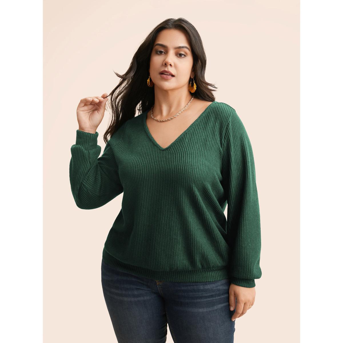 Plus Size Textured Contrast Tie Knot Sweatshirt Women Burgundy Elegant Tie knot V-neck Everyday Sweatshirts BloomChic 26/4X Product Image