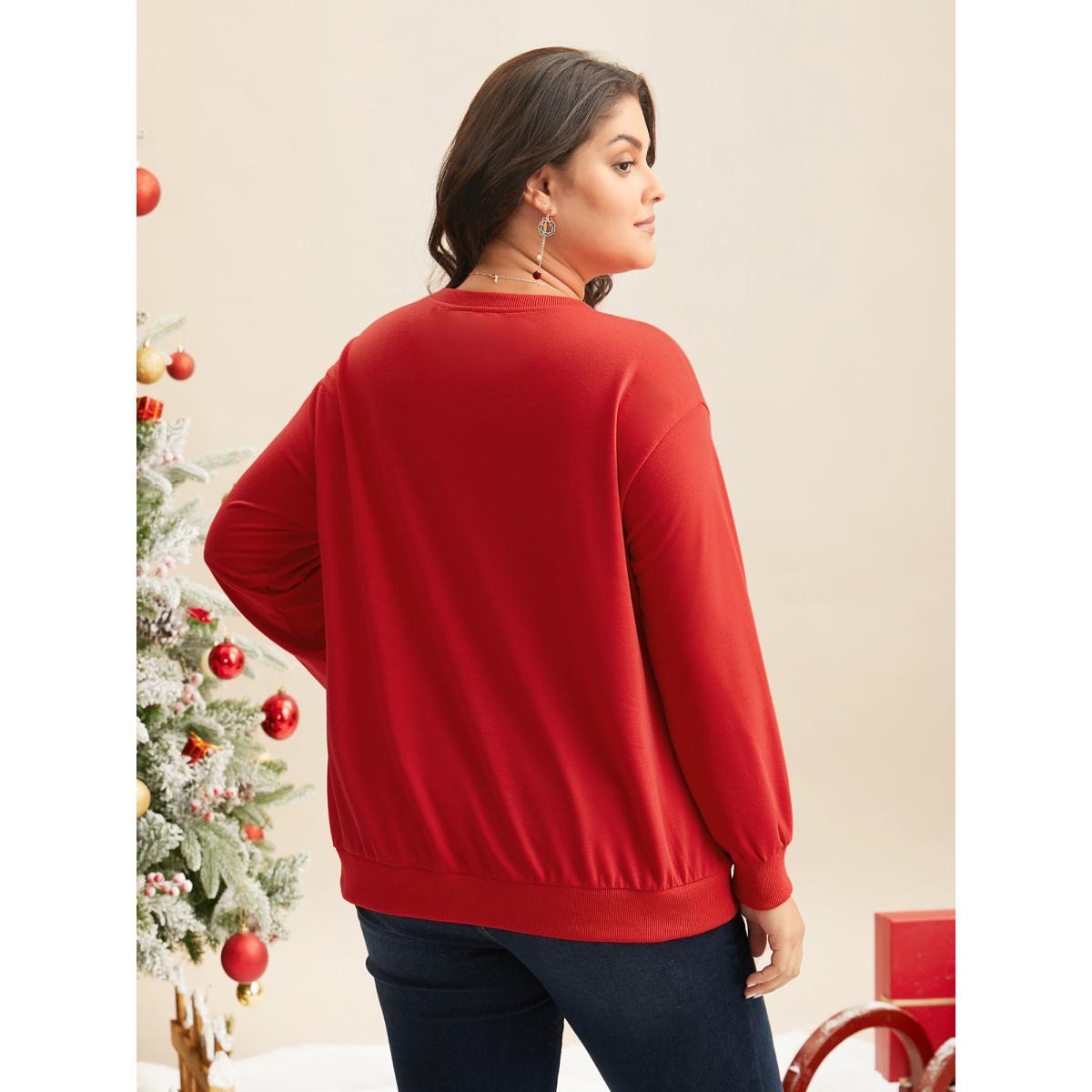 Plus Size Festive Cats Print Relaxed Fit Sweatshirt Women Brightred Casual Non Round Neck Everyday Sweatshirts BloomChic 10/M Product Image