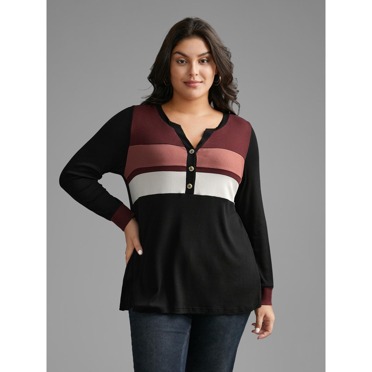 Plus Size Notched Collar Contrast Patchwork Button Up T-shirt Multicolor Women Casual Contrast Notched collar Everyday T-shirts BloomChic 22-24/3X Product Image