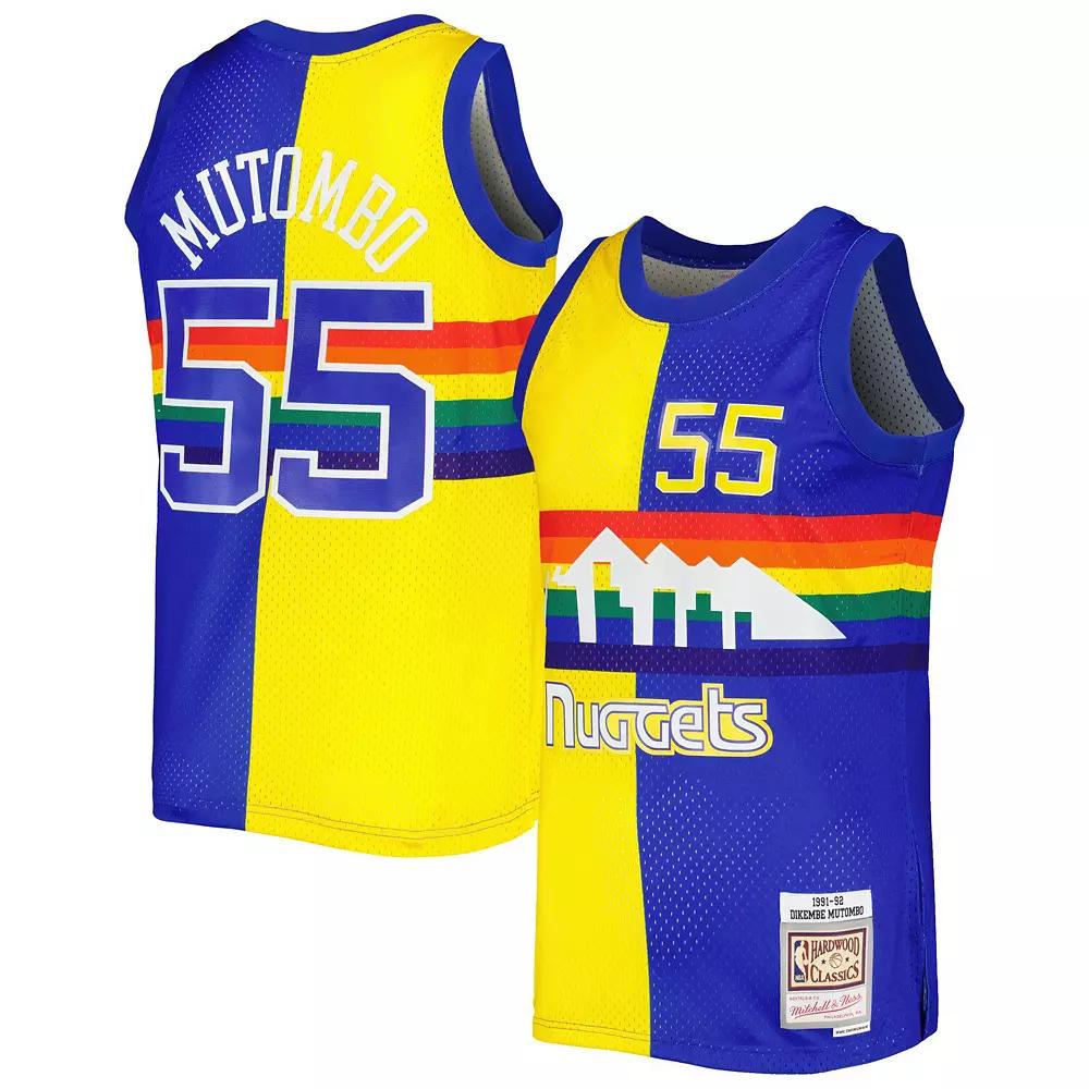 Men's Mitchell & Ness Dikembe Mutombo Royal/Gold Denver Nuggets Hardwood Classics 1991/92 Split Swingman Jersey,  Product Image