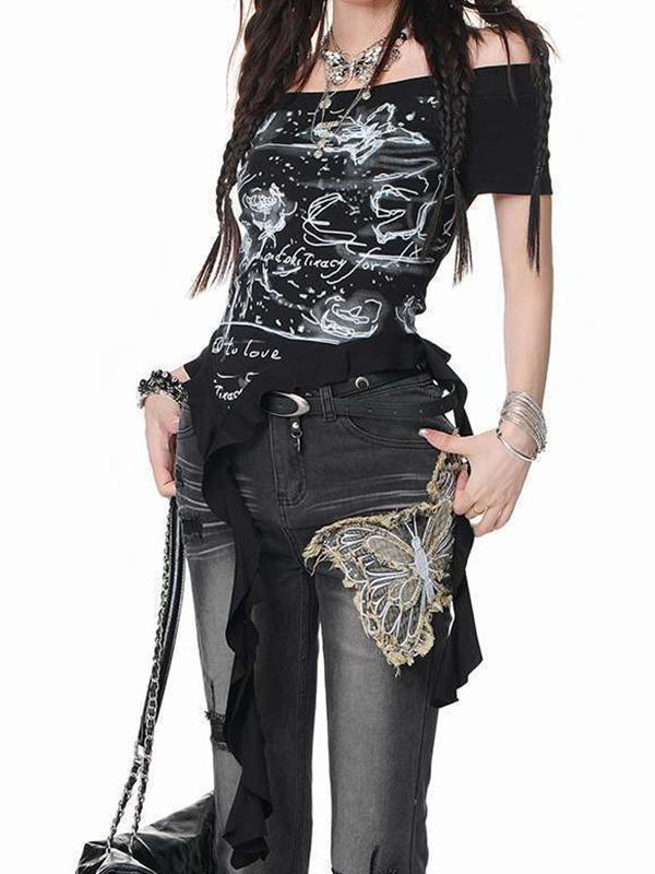 Printed Irregular Ribbon Scoop Neck T-Shirt Product Image