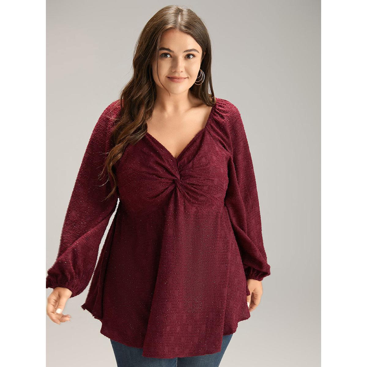 Plus Size Scarlet Solid Glitter Twist Front Gathered Blouse Women Cocktail Long Sleeve V-neck Party Blouses BloomChic 30/6X Product Image