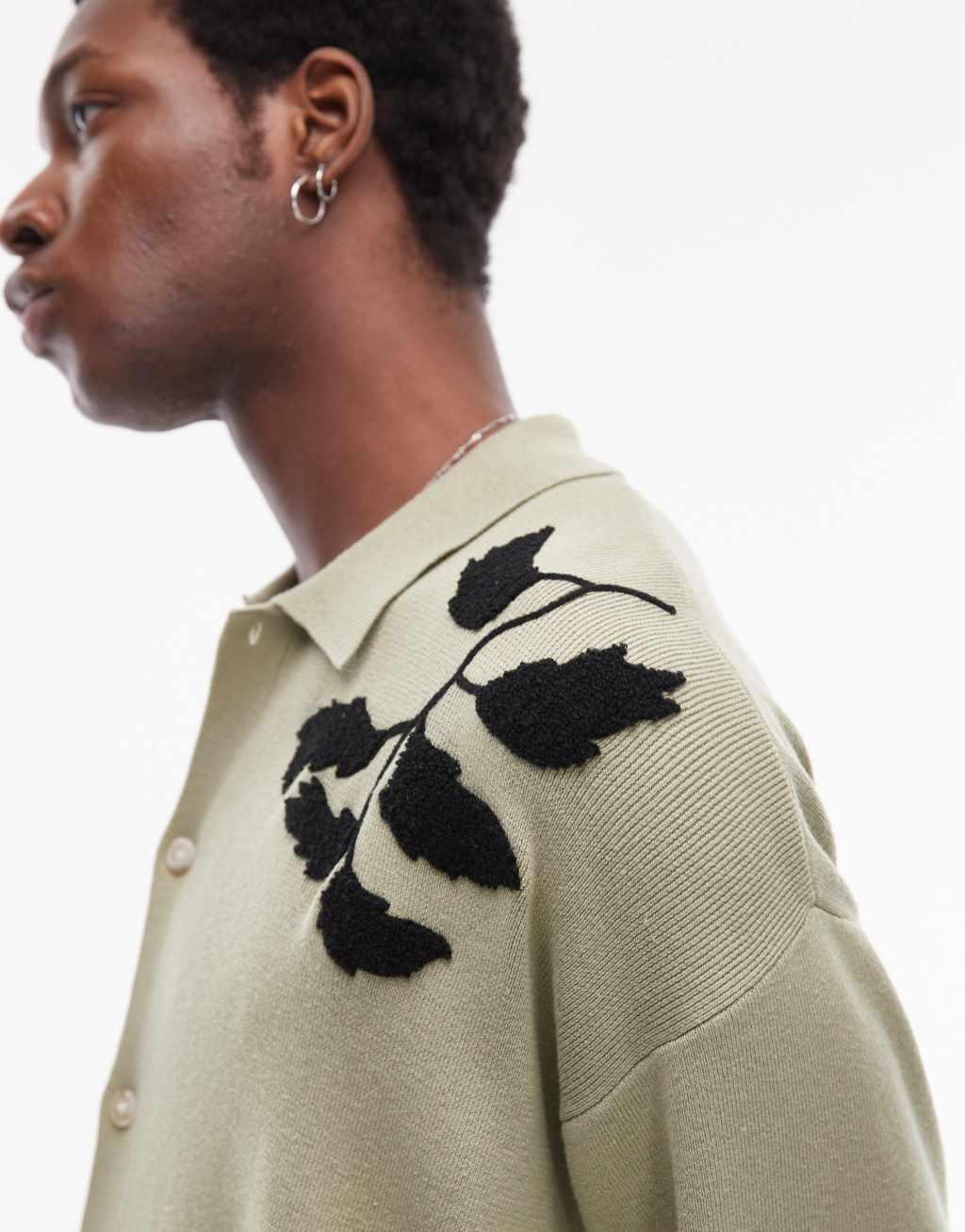 Topman embroidered floral knit shirt in sage and black Product Image