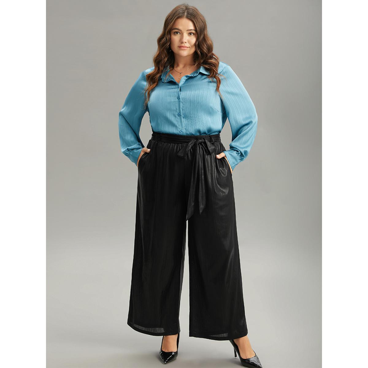 Plus Size Plain Texture Belted High Rise Wide Leg Pants Women Black Glamour Wide Leg High Rise Party Pants BloomChic 26/4X Product Image