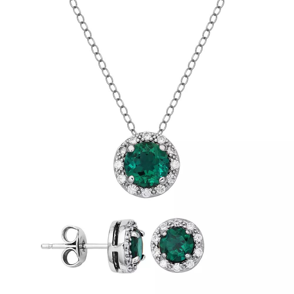 Sterling Silver Lab-Created Emerald & Cubic Zirconia Halo Pendant Necklace & Stud Earrings Set, Women's Product Image