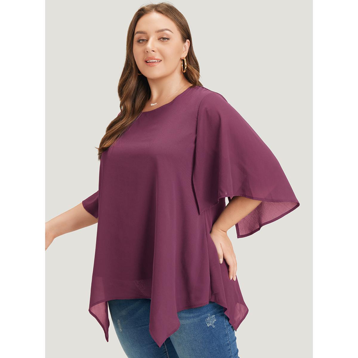 Plus Size Purple Plain Mesh Flutter Sleeve Hanky Hem Blouse Women Office Elbow-length sleeve Round Neck Dailywear Blouses BloomChic 12/L Product Image
