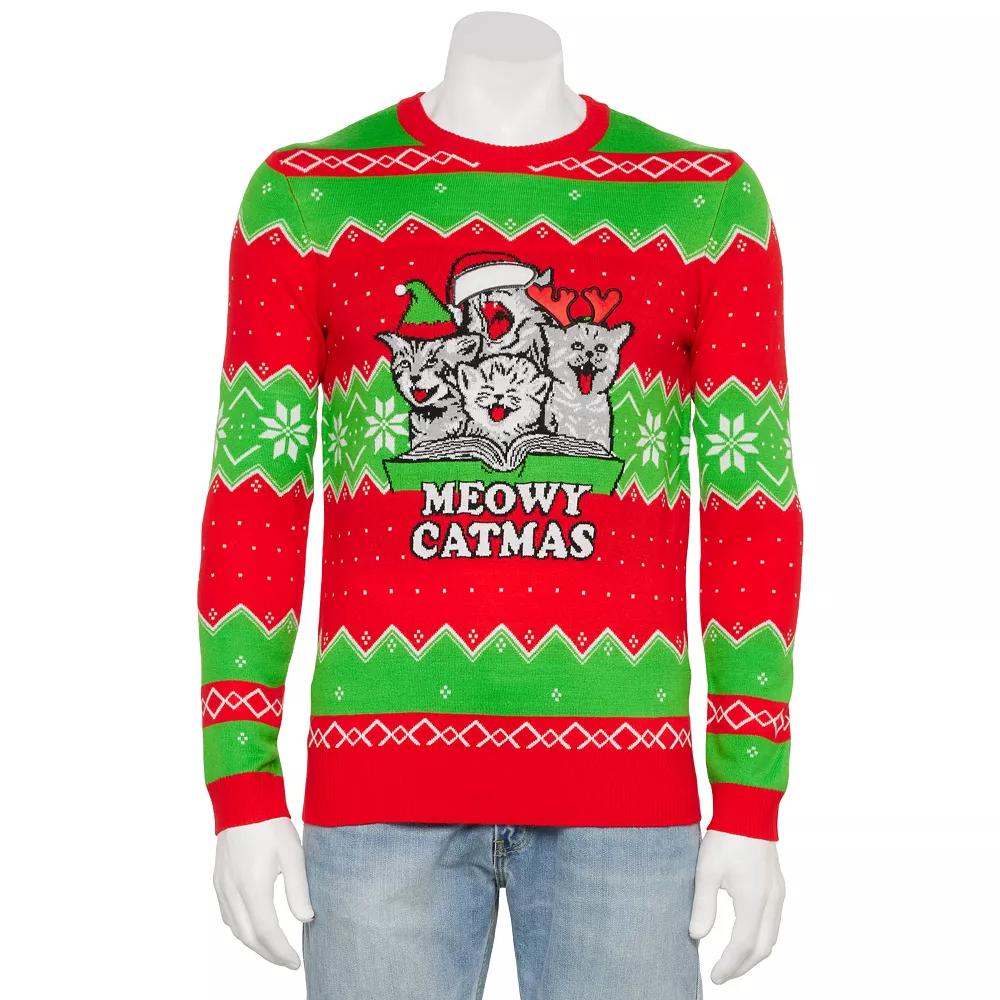 Men's Meowy Catmas Graphic Intarsia Sweater, Size: XXL, Green Product Image