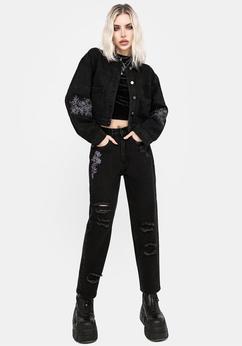 Deadhead Rose Embroidered Distressed Denim Barrel Leg Jeans Product Image