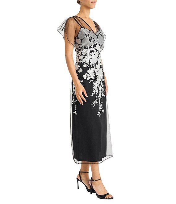 Maggy London V-neck Short Sleeve Floral Sequin Embellished Mesh Sheath Midi Dress Product Image