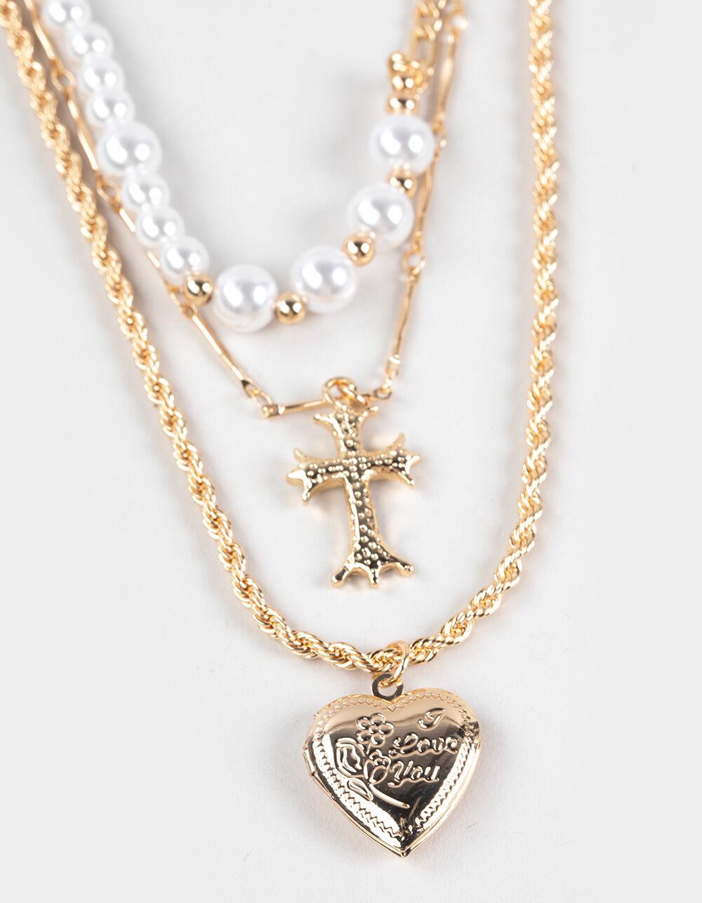 FULL TILT Layered Cross/Pearl Heart Necklace - GOLD Product Image