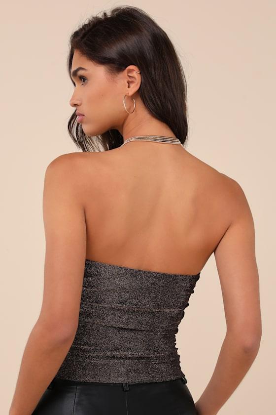 Shiny Personality Bronze Lurex Ruched Strapless Crop Top Product Image