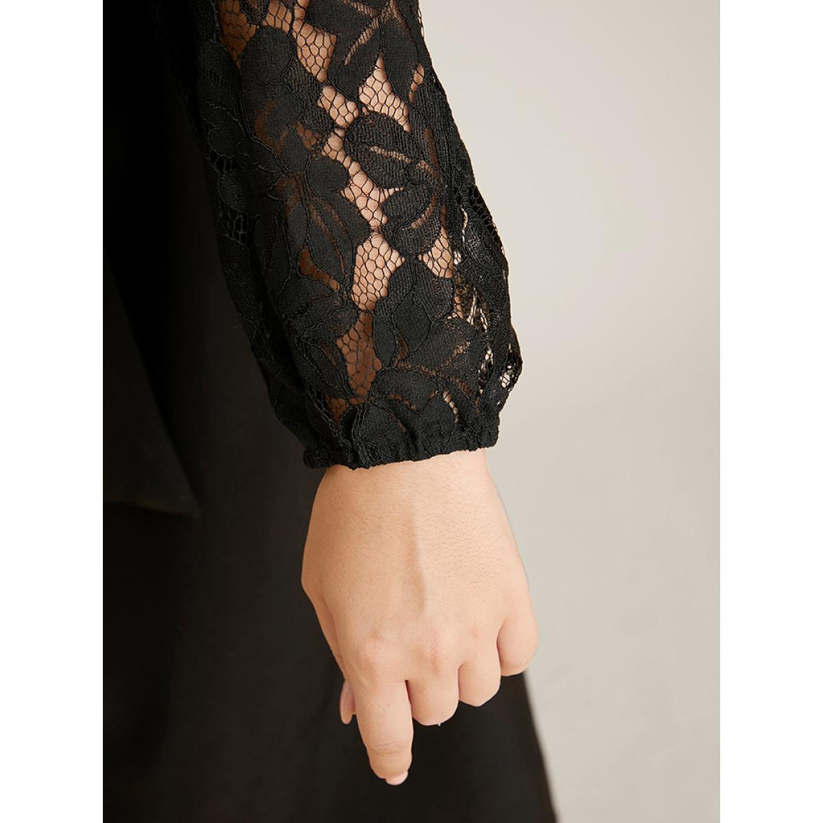 Plus Size Solid Round Neck Belted Contrast Lace Midi Dress Black Women Glamour Patchwork Round Neck Long Sleeve Curvy Midi Dress BloomChic 22-24/3X Product Image