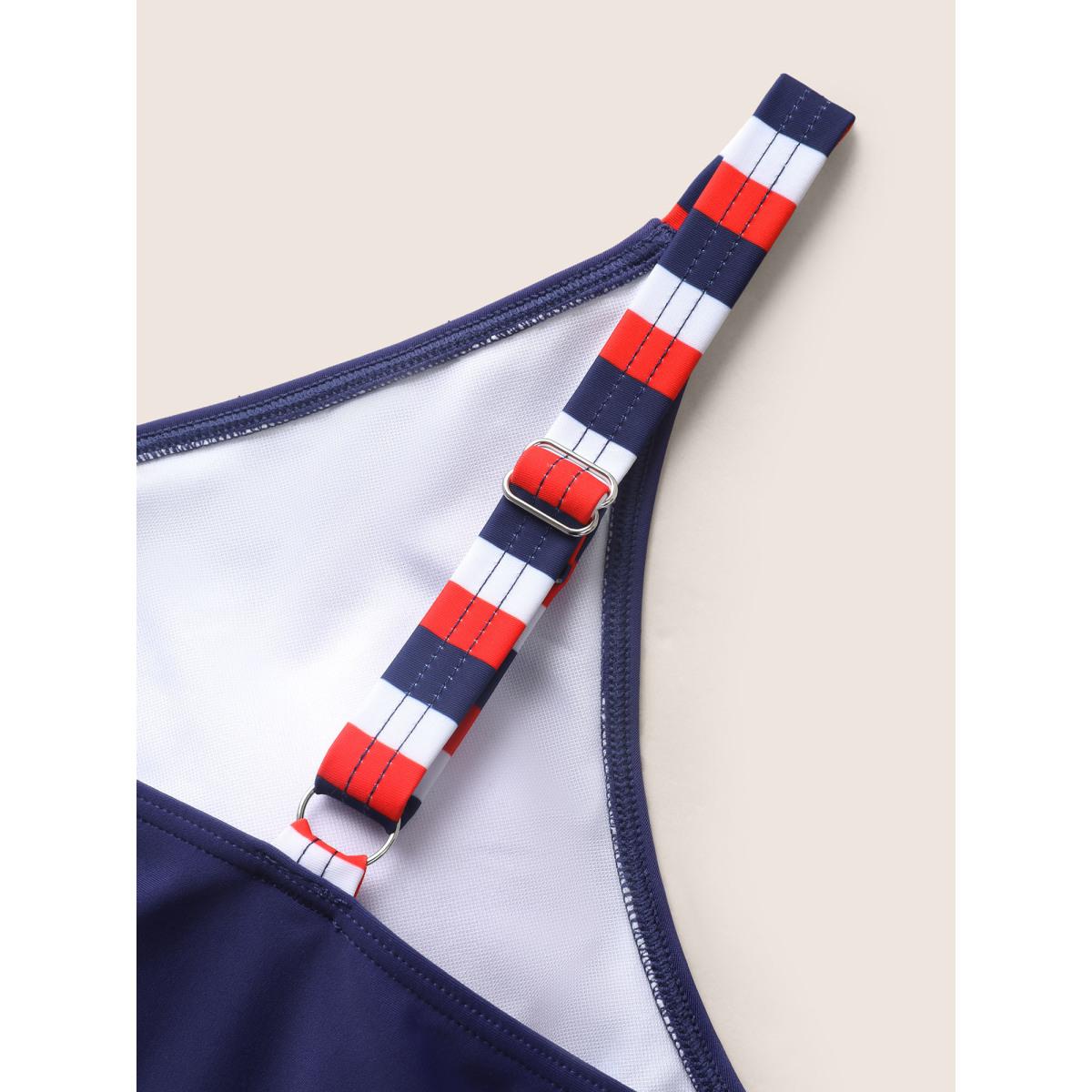 Plus Size Contrast Striped V Neck Gathered Swim Top Women's Swimwear Indigo Beach Gathered High stretch Skinny V-neck Curve Swim Tops BloomChic 26/4X Product Image