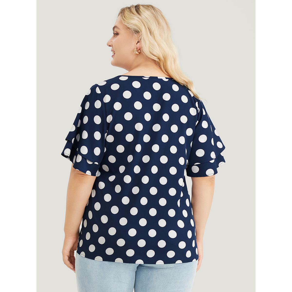 Plus Size Indigo Polka Dot Ruffle Tiered Sleeve Blouse Women Office Short sleeve Round Neck Office Blouses BloomChic 10/M Product Image