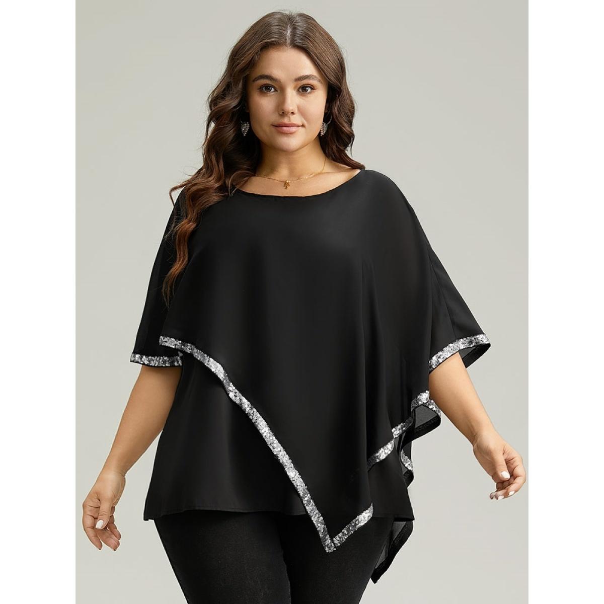 Plus Size Black Sequin Patchwork Asymmetrical Dolman Sleeve Blouse Women Glamour Half Sleeve Round Neck Festival-Christmas Blouses BloomChic 26/4X Product Image