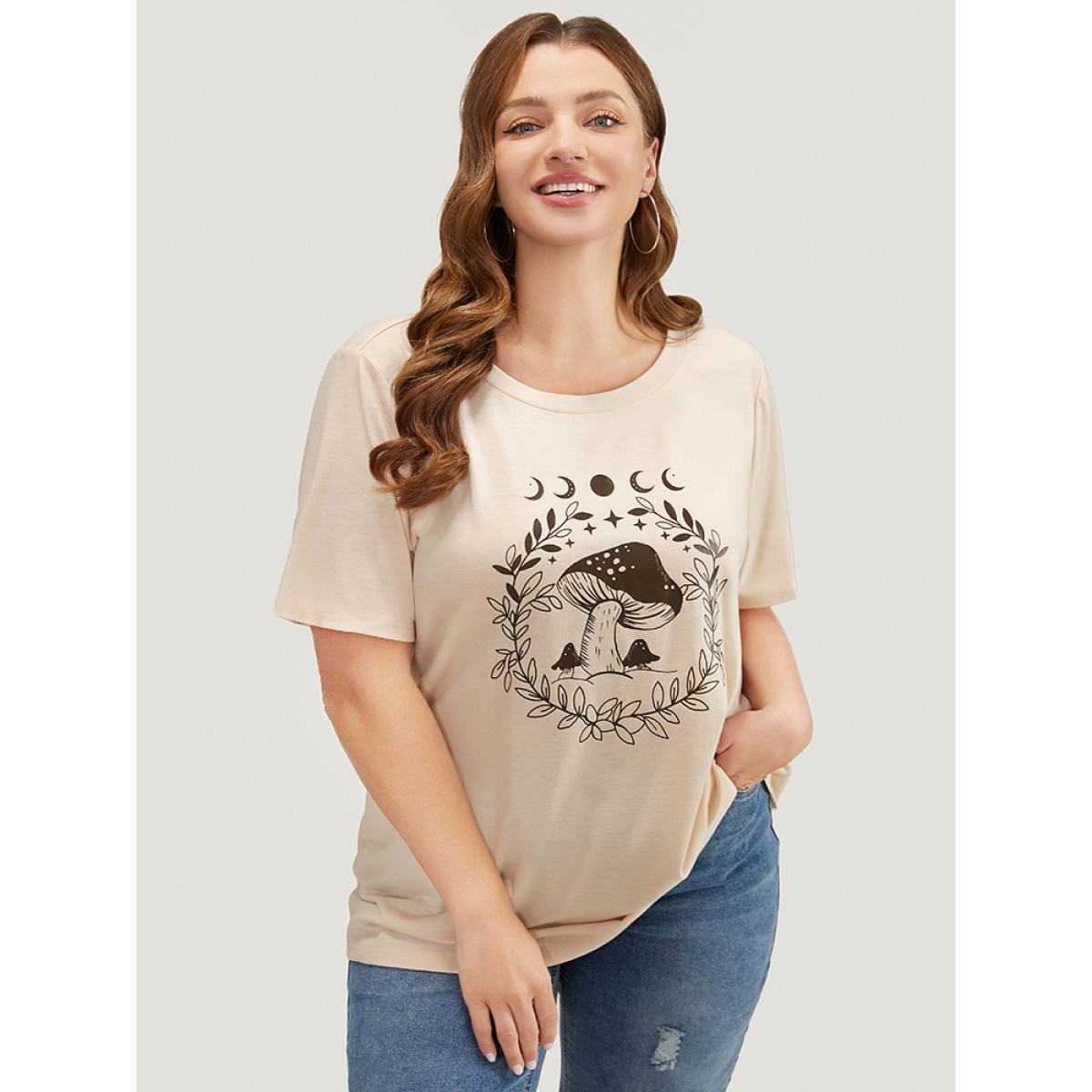 Plus Size Mushroom & Moon Print Short Sleeve Crew Neck T-shirt Apricot Women Casual Natural Flowers Dailywear T-shirts BloomChic 14-16/1X Product Image
