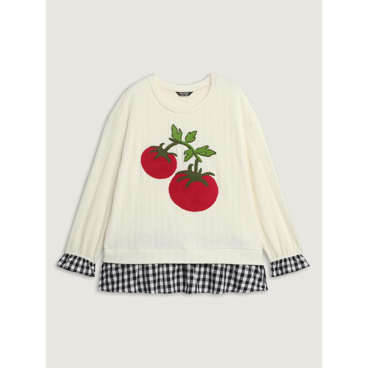 Plus Size Tomato Embroidery Textured Contrast Sweatshirt Women Ivory Playful Embroidered Round Neck Casual Sweatshirts BloomChic 26/4X Product Image