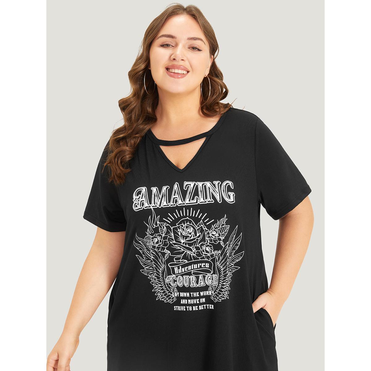 Plus Size Graphic & Letter Print Pocket Cut Out Dress Black Women Casual Plain Curvy Midi Dress BloomChic 10/M Product Image