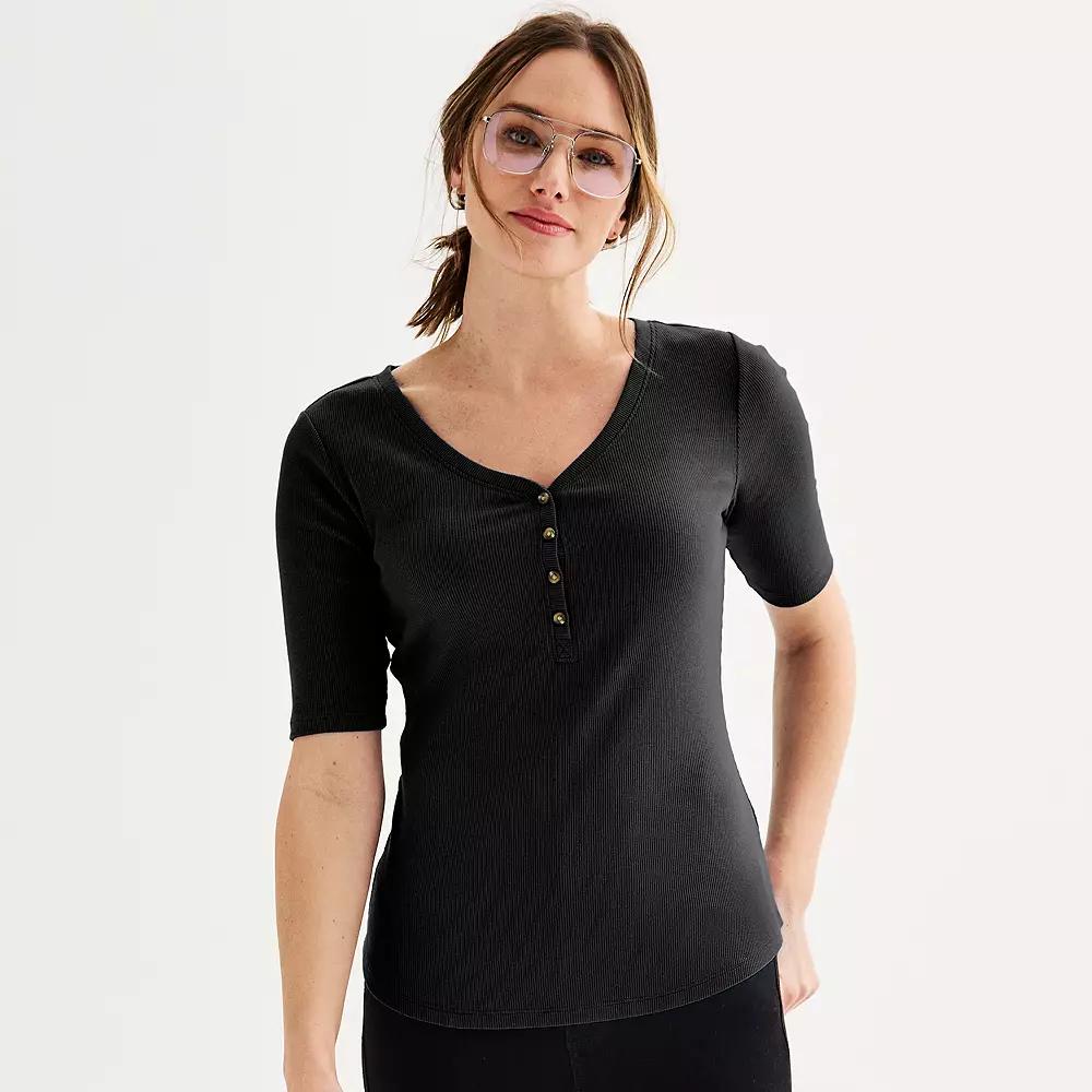 Petite Sonoma Goods For Life® Slim Fit Elbow Sleeve Henley Top, Women's, Size: XXL Petite, Pitch Black Product Image