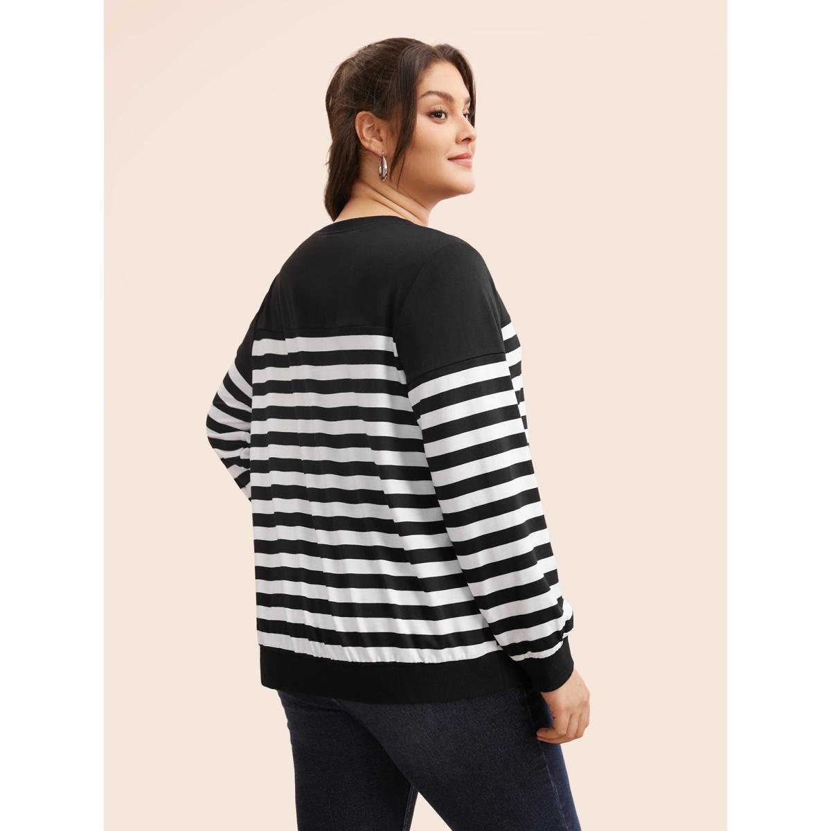 Plus Size Round Neck Striped Patchwork Contrast Sweatshirt Women Black Casual Contrast Loose Round Neck Everyday Sweatshirts BloomChic 26/4X Product Image