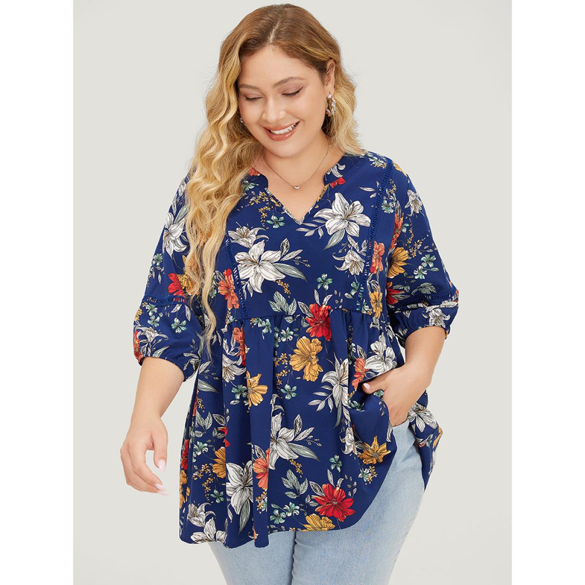 Plus Size Indigo Floral Lantern Sleeve Lace Gathered Notched Blouse Women Elegant Elbow-length sleeve Notched collar Dailywear Blouses BloomChic 26/4X Product Image