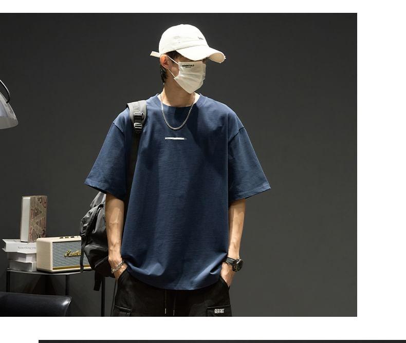 Short-Sleeve Round Neck Lettering Embroidered T-Shirt Product Image