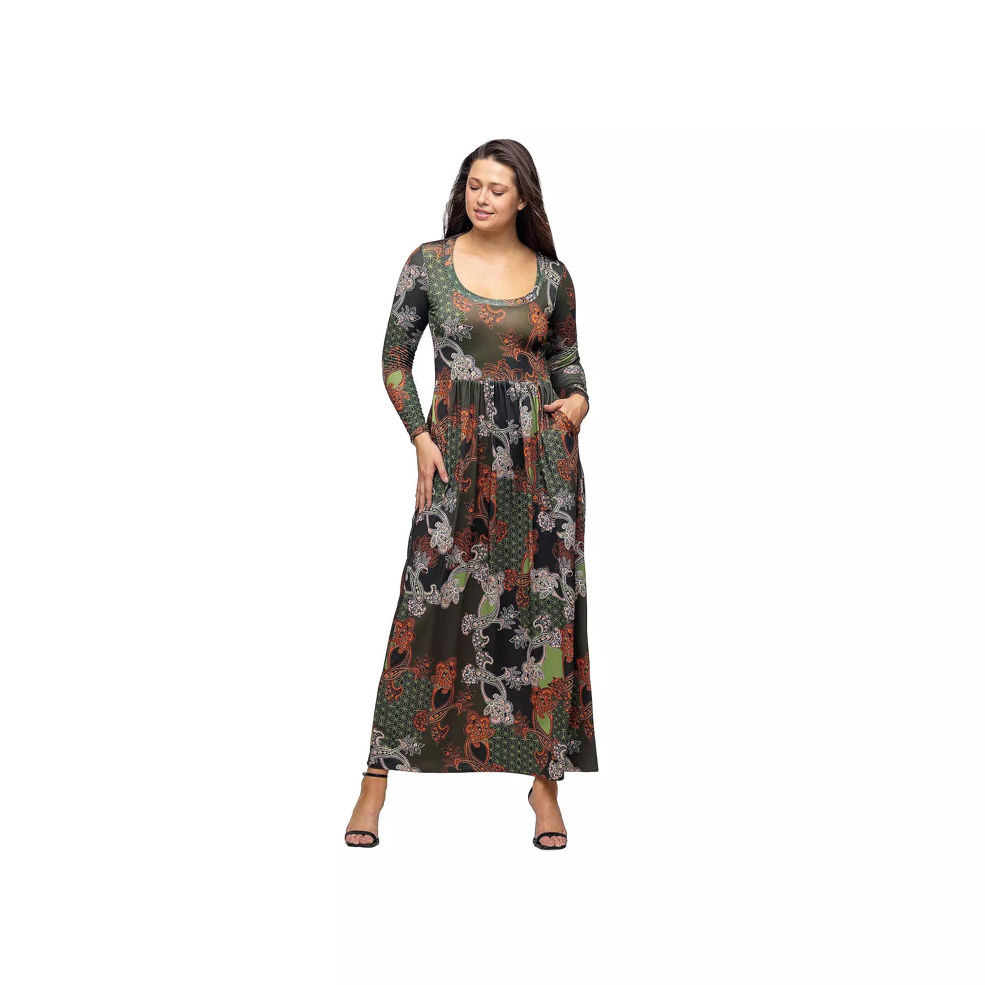Women's 24Seven Comfort Apparel Printed Long Sleeve Empire Waist Pocket Maxi Dress,  Product Image