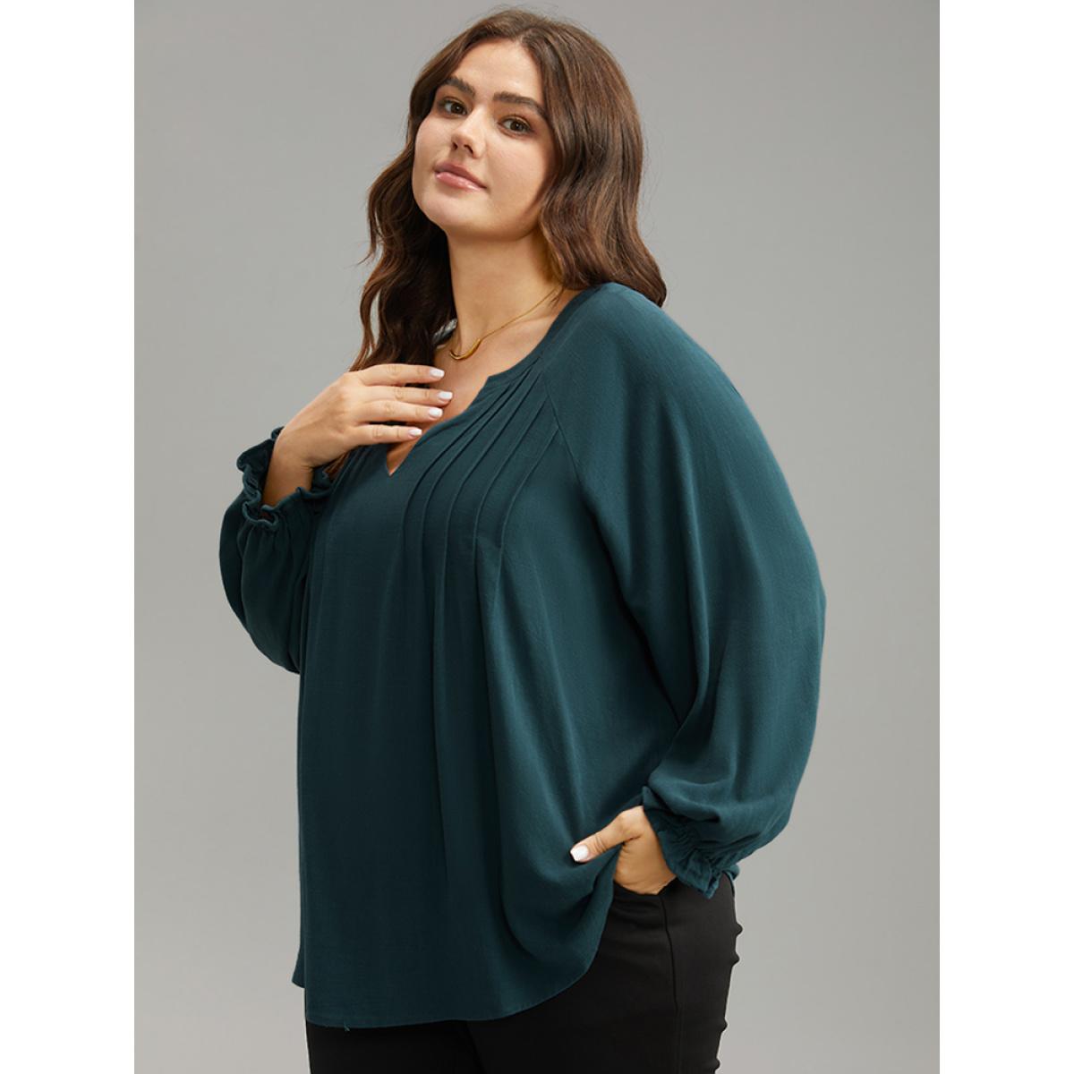 Plus Size Cyan Plain Raglan Sleeve Plicated Detail Blouse Women Office Long Sleeve V-neck Office Blouses BloomChic 14-16/1X Product Image