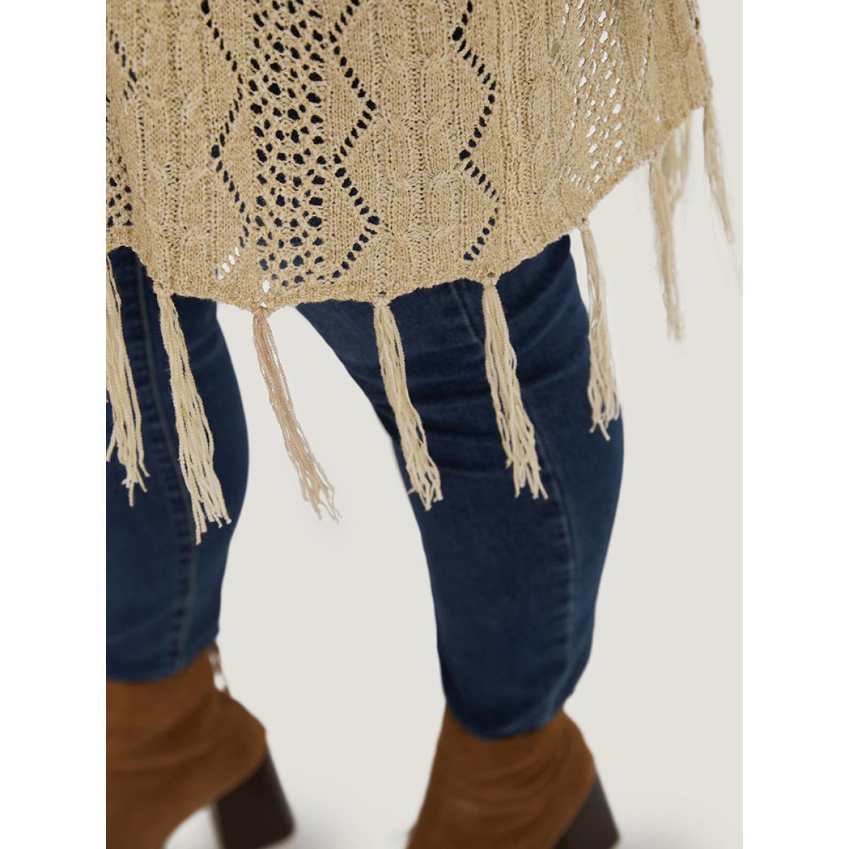 Plus Size Solid Fringe Trim Geometric Eyelet Batwing Sleeve Cardigan Tan Women Casual Loose Long Sleeve Dailywear Cardigans BloomChic 22-24/3X Product Image