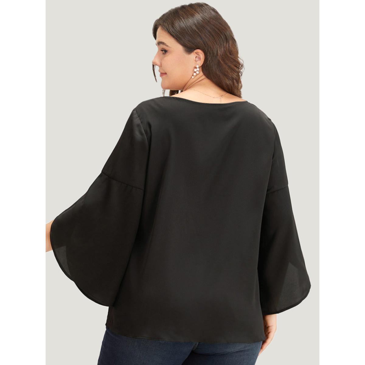Plus Size Black Plain Wrap Flutter Sleeve Crew Neck Blouse Women Office Elbow-length sleeve Round Neck Work Blouses BloomChic 12/L Product Image
