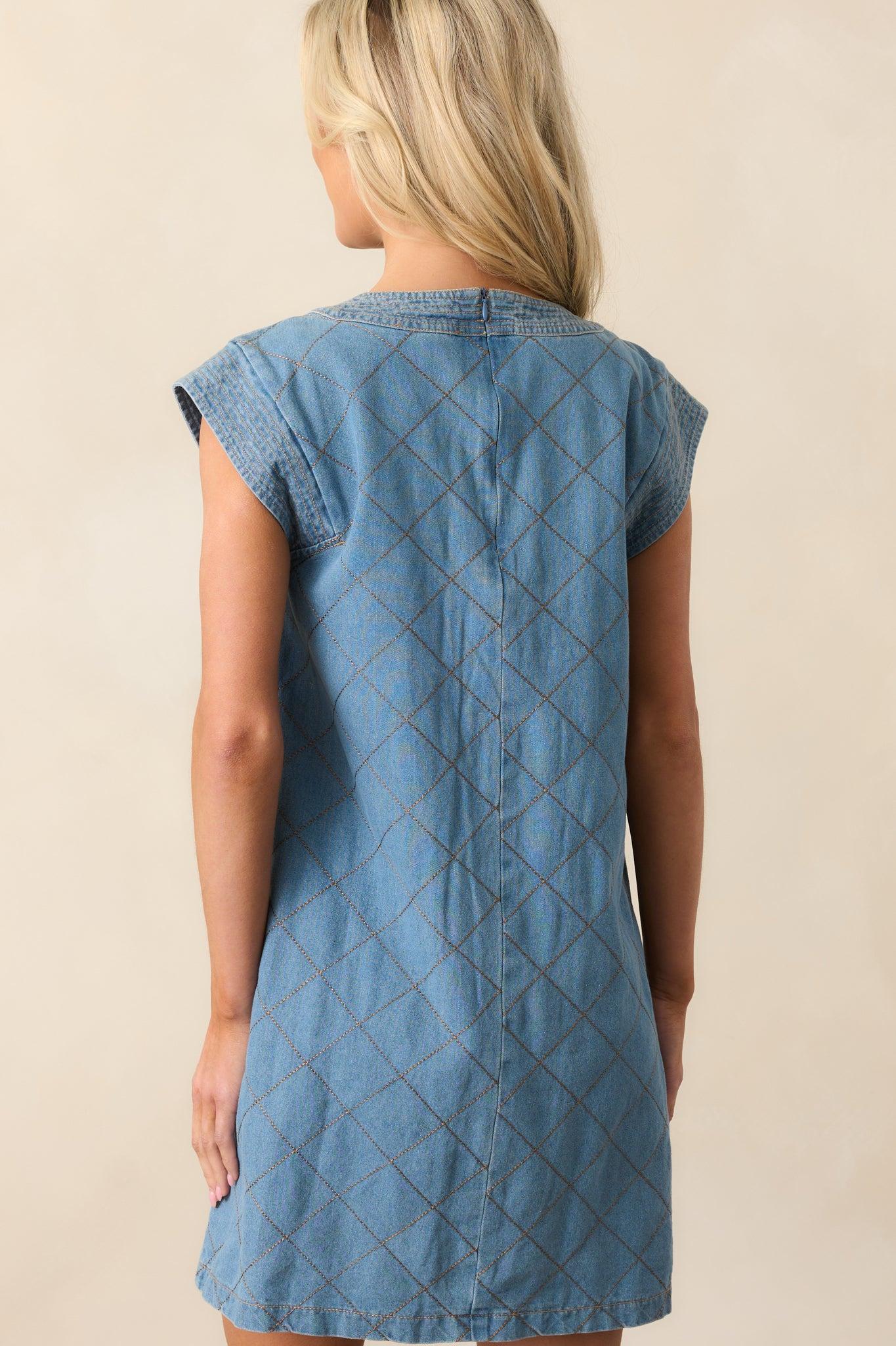 Just Wondering Light Chambray Quilted Mini Dress Product Image