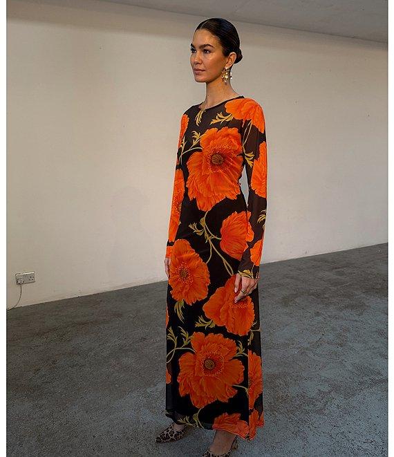 Never Fully Dressed Aria Poppy Floral Print Mesh Crew Neck Long Sleeve Maxi Dress Product Image