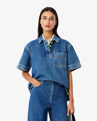 Oversized Denim Polo Shirt Product Image