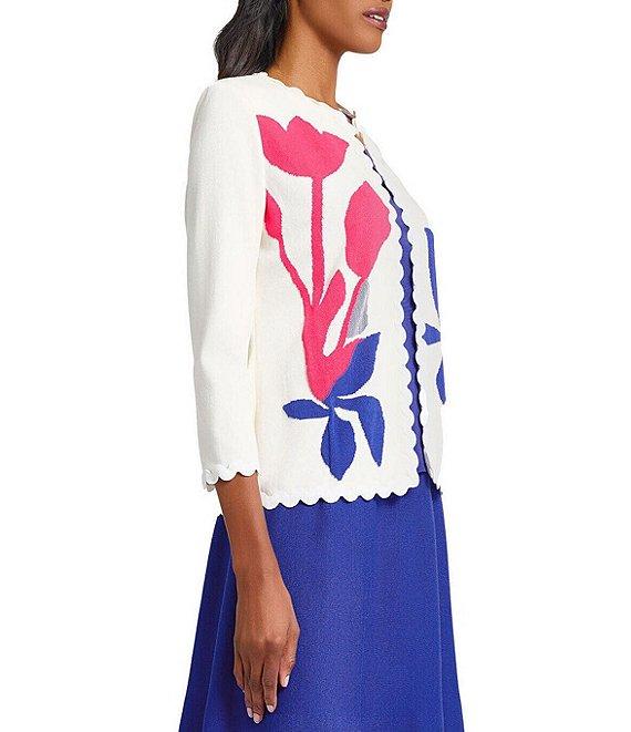 Ming Wang Floral Applique Soft Knit Scallop Round Neck 3/4 Sleeve Cardigan Product Image
