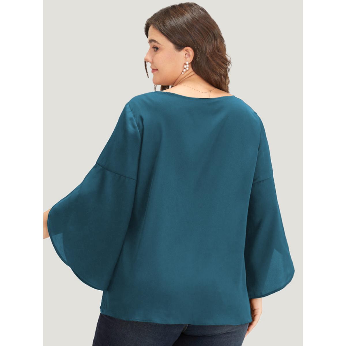 Plus Size Scarlet Plain Wrap Flutter Sleeve Crew Neck Blouse Women Office Elbow-length sleeve Round Neck Work Blouses BloomChic 12/L Product Image