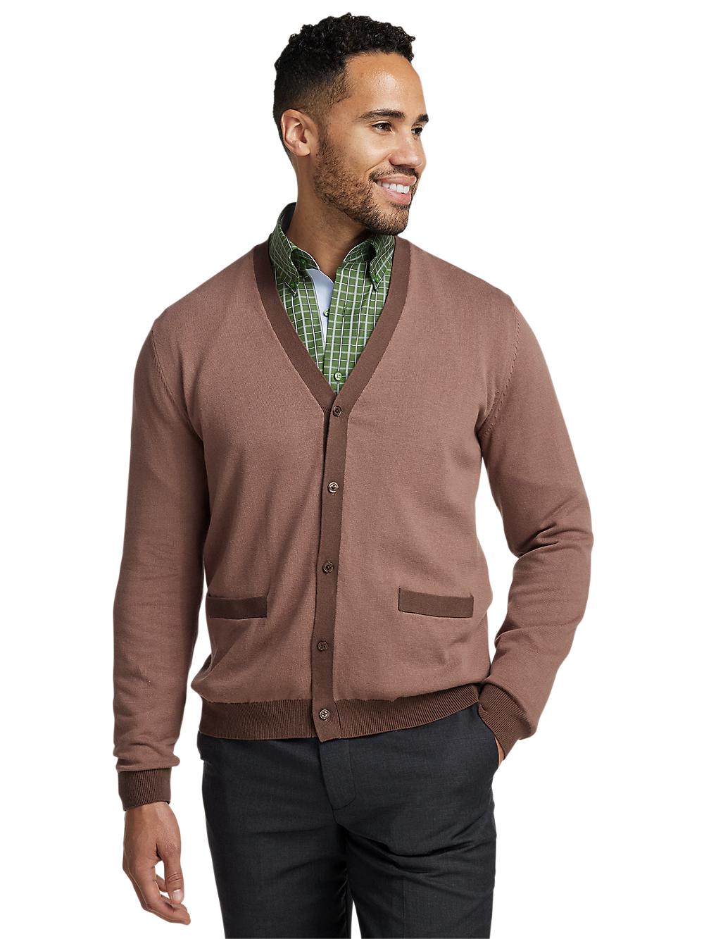 Cotton Button Front V-neck Cardigan - Brown Product Image