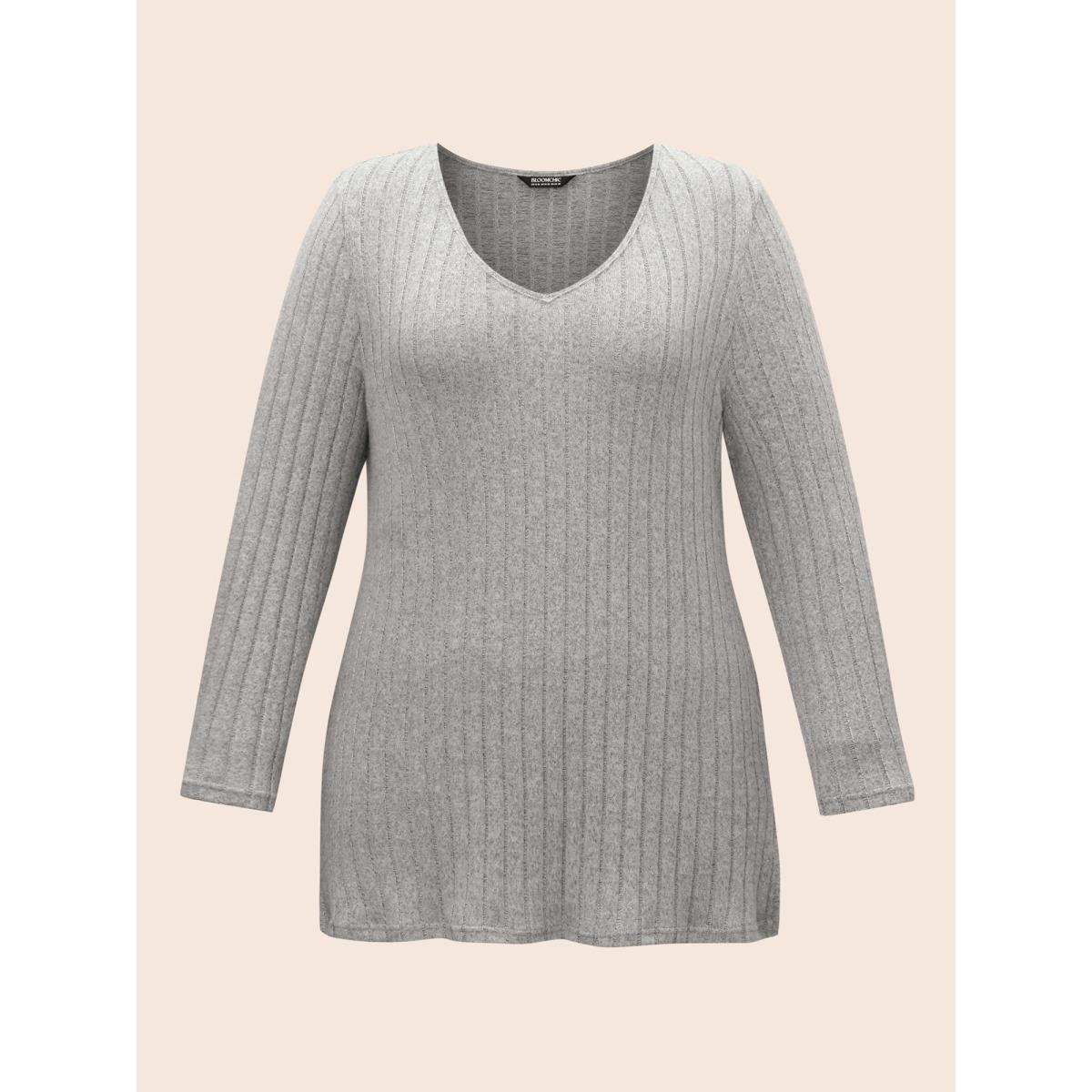 Plus Size Plain Textured Pit Strip Split Hem T-shirt LightGray Women Casual Texture V-neck Everyday T-shirts BloomChic 26/4X Product Image