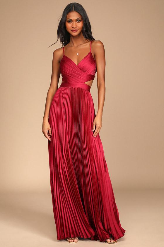 Got the Glam Wine Red Pleated Cutout Maxi Dress Product Image