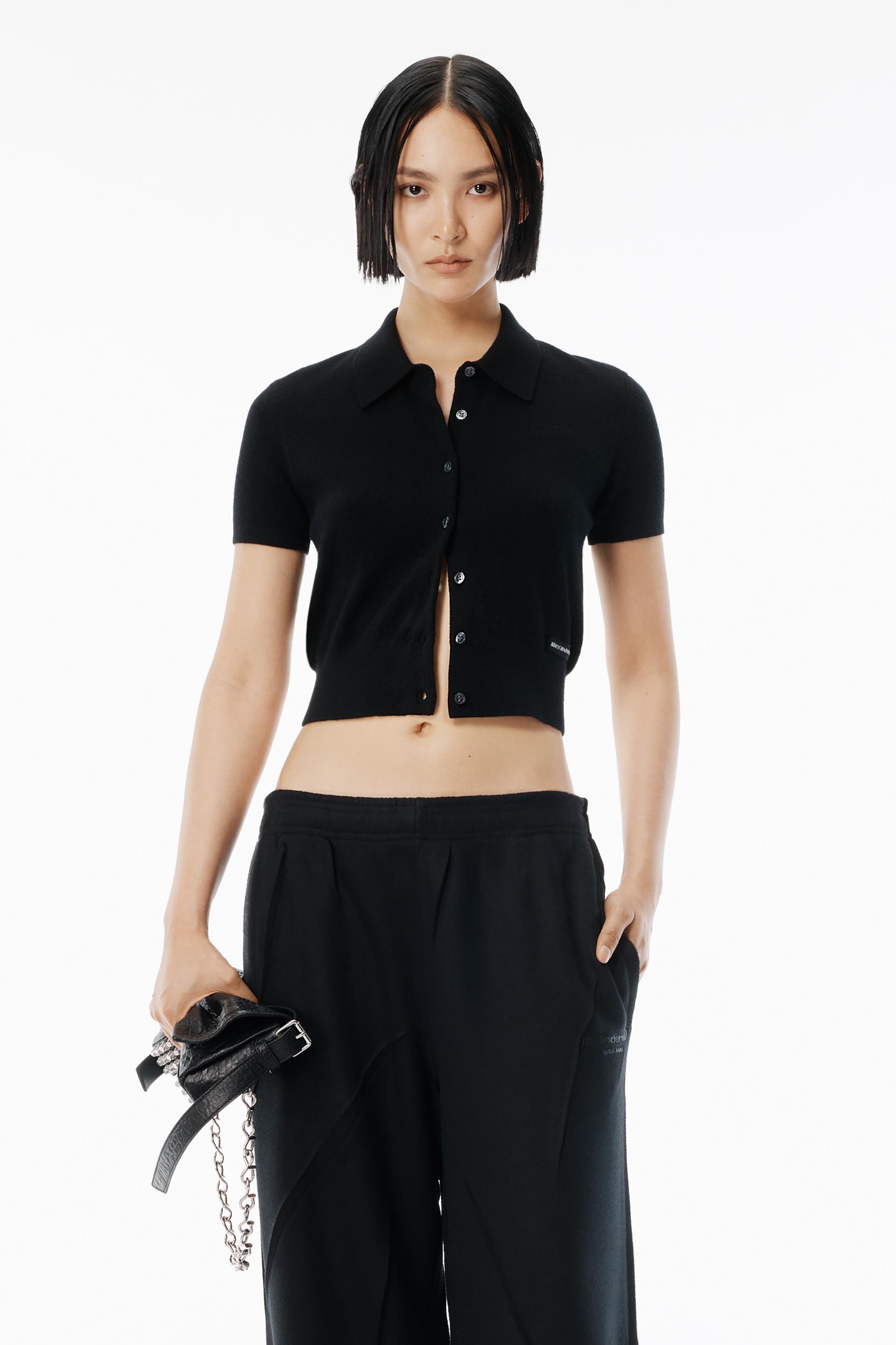 Black Wool Short Sleeve Polo Cardigan Product Image